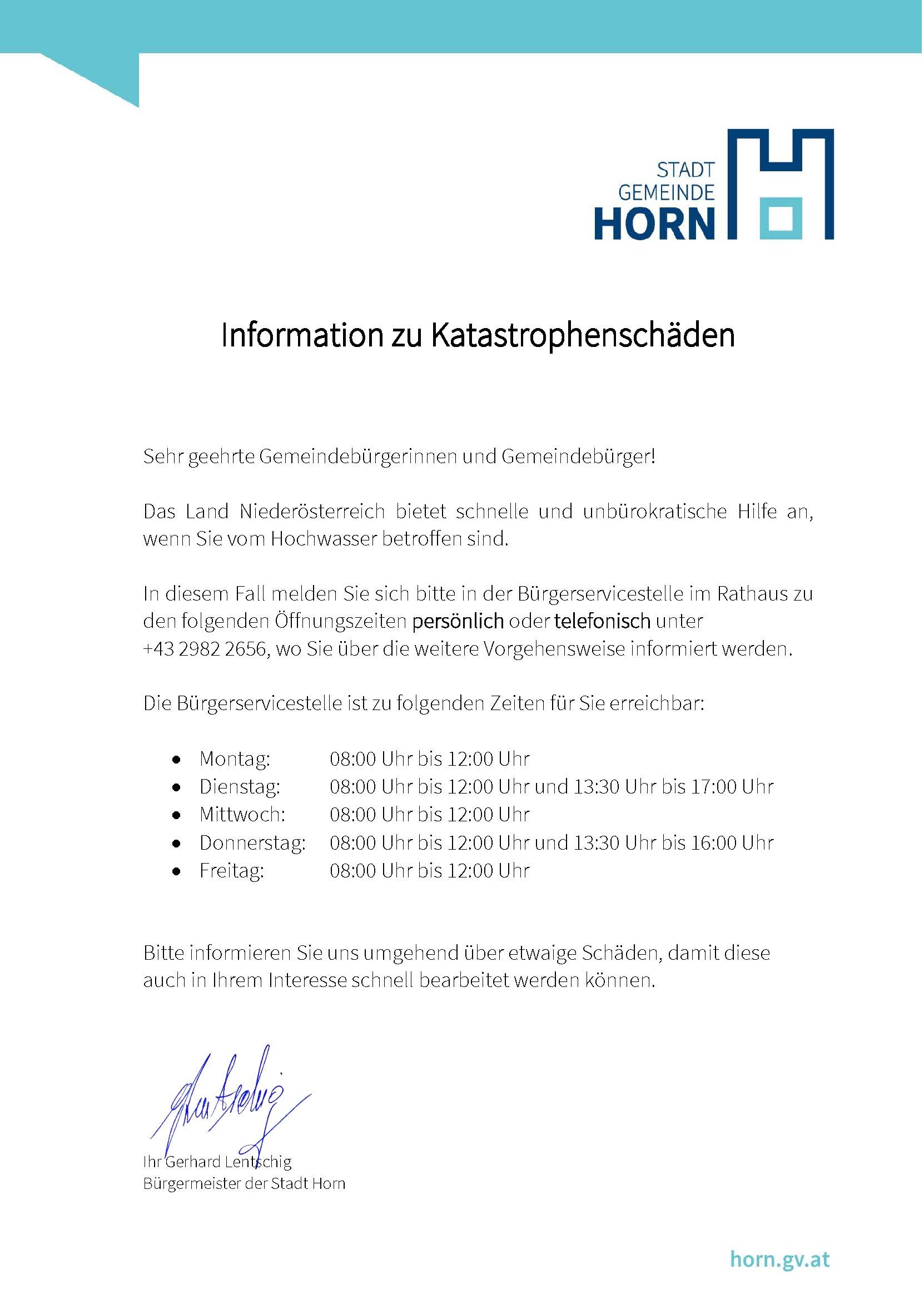 Informationsschreiben zu Katastrophenschäden
